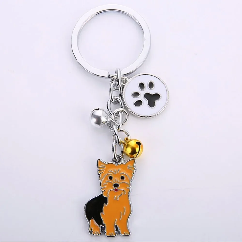 Yorkie and Bells Pet Keychain Silver Brown Black